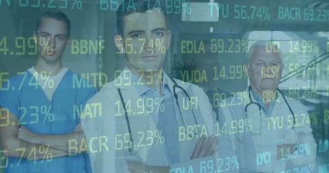 Healthcare professionals analyzing digital data overlay