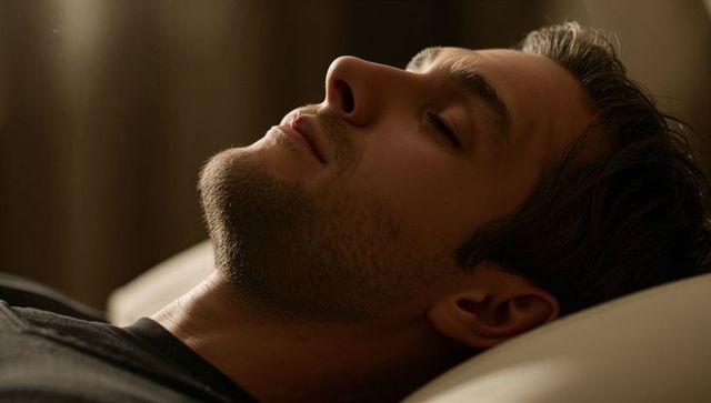 Tranquil young man reclining with closed eyes on sofa pillow warm low light closeup soft