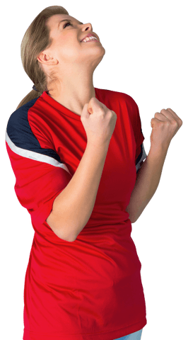 Excited fan in red jersey expressing joy, transparent background