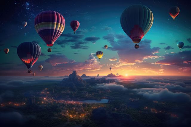 Mountain landscape and sun over floating colourful balloons, created using generative ai technology - Download Free Stock Photos Pikwizard.com