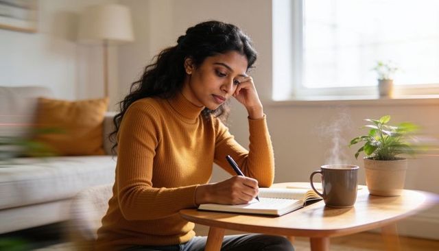Contemplative woman journaling at home with steaming mug and plant, cozy mustard sweater