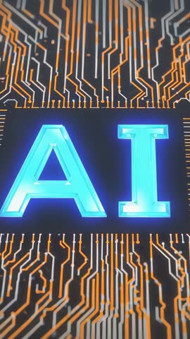 Vertical Tech Video Showing Glowing AI Letters Sending Pulses Across Circuit Board Traces