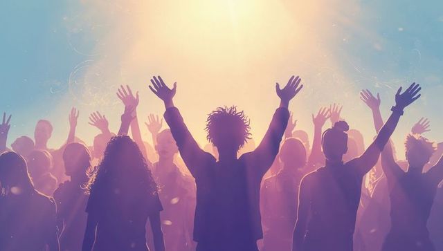 Center figure raising arms cheering in backlit concert crowd with warm haze lighting