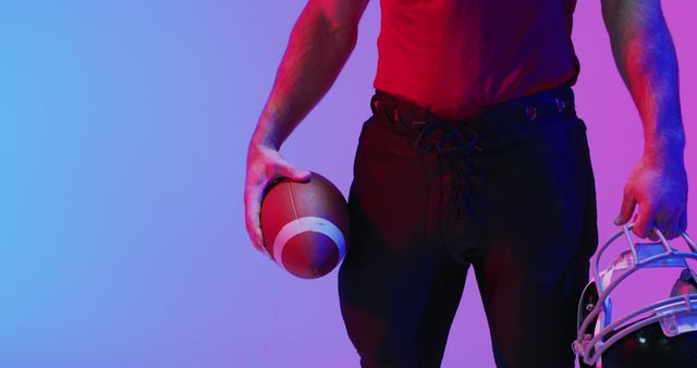 Image of caucasian american football player with copy space over neon purple background. American football, sports and competition concept.