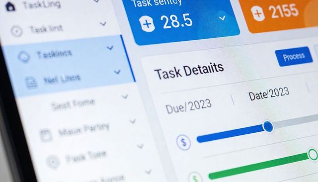 Displaying task dashboard on monitor with sliders, progress indicators and process button