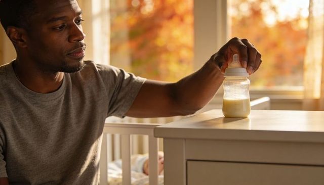 Tender father placing bottle on dresser beside crib in sunlit autumn nursery