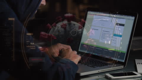Male Hacker Analyzing Data with Virus Overlay in High Tech Setting