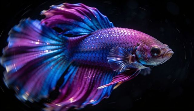 Gliding betta showing iridescent scales and flowing fins in macro studio vibrant closeup