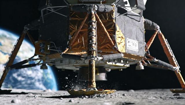 Lunar lander descending Moon surface with gold-foil leg kicking regolith and Earth horizon