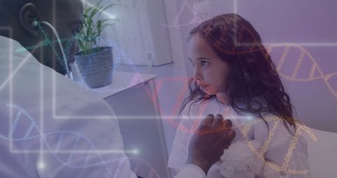 Doctor Examining Child with Digital DNA Overlay