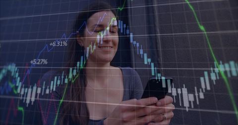 Woman analyzing stock market graphs on smartphone