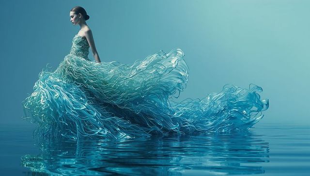 Surreal teal couture gown flowing across reflective water with ribbon skirt