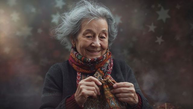 Elderly Woman Joyfully Knitting Scarf in Warm Ambiance