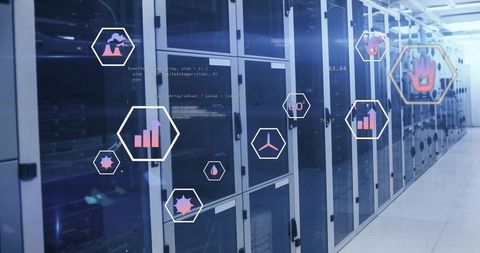 futuristic data icon projections in modern server room - Download Free Stock Images Pikwizard.com