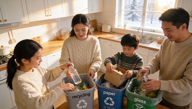 Family sorting recyclables in sunlit kitchen with labeled bins for paper glass plastic