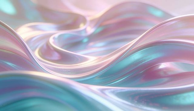 Flowing iridescent pastel ribbon waves with pearl sheen abstract macro background