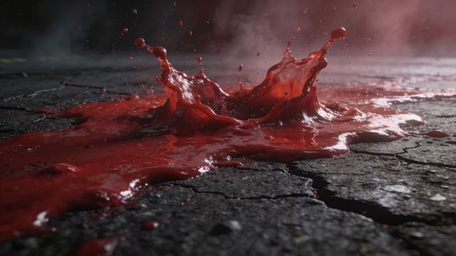 Crimson splash on cracked asphalt: glossy paint spreading with dramatic droplets and mist