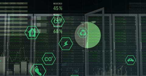 Digital Ecology Icons Overlay in Data Center - Download Free Stock Images Pikwizard.com