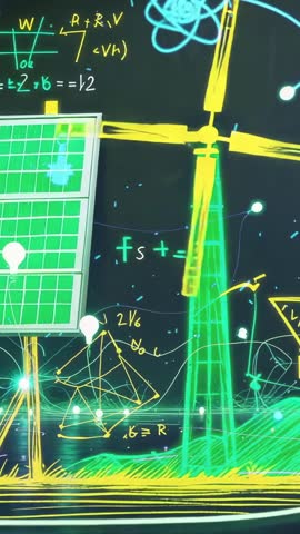 Vertical Video Animating Solar Panel and Wind Turbine Rotating with Chalkboard Formulas