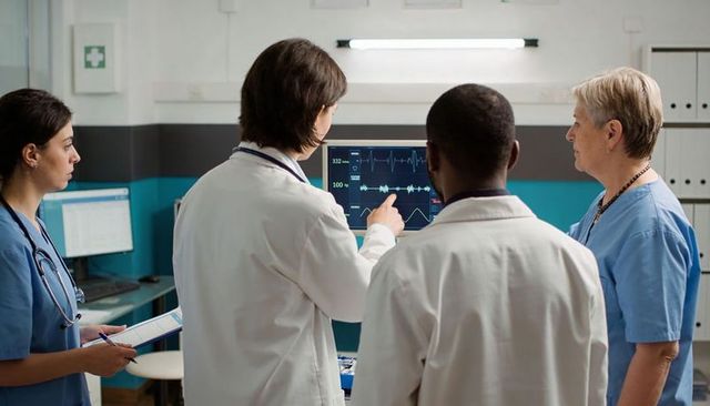 Medical team reviewing patient monitor ecg traces during clinical ward consultation