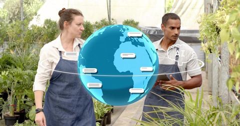 Nursery workers using tablet with AI globe overlay for smart greenhouse crop analytics