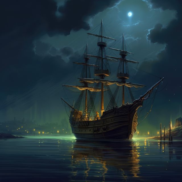A majestic sailing ship glides through the night waters. Illuminated by the moon's glow, it hints at tales of maritime adventure and exploration.