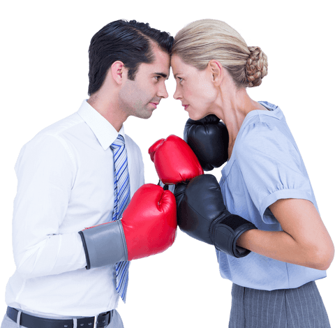 Business professionals facing off in boxing gloves transparent