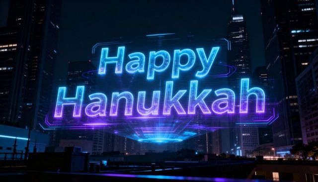 Glowing holographic Happy Hanukkah neon sign floating over urban rooftop skyline at night
