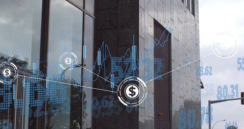 Glass facade in financial district with digital dollar network and stock data overlay