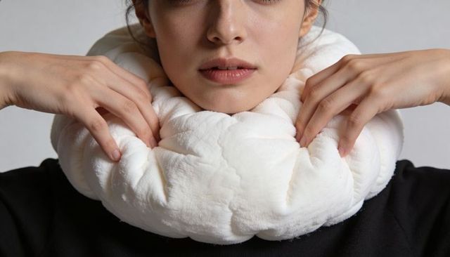 Woman adjusting oversized white plush neck pillow for cozy comfort and soft texture close-up