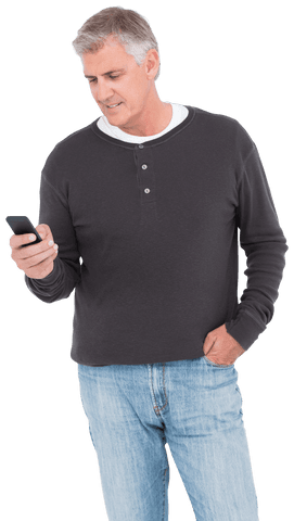 Casual Mature Man Texting on Smartphone Transparent Background - Download Free Stock Videos Pikwizard.com
