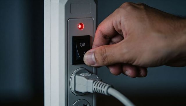 Right hand turning off power strip with plug inserted and red led indicator closeup