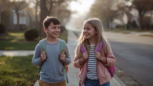 Smiling kids walking to school on suburban sidewalk during golden hour with backpacks