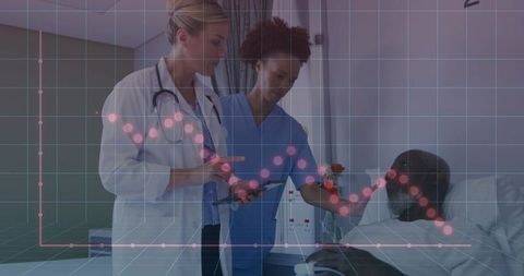 Doctor and Nurse Consulting at Bedside, Reviewing Tablet Data Visualization