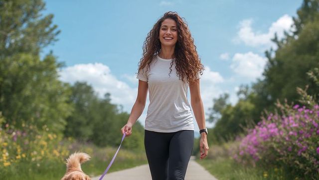Smiling woman walking golden retriever on sunlit trail, casual fitness and joyful lifestyle