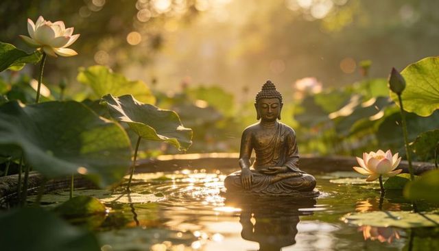 Bronze buddha statue reflecting in sunlit lotus pond during golden hour