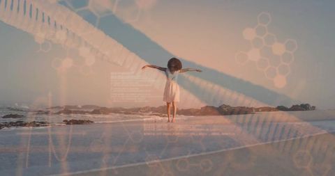 Woman embracing tranquility on beach with dna helix overlay