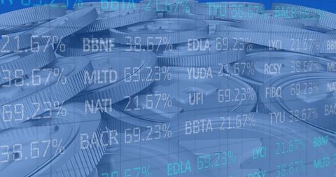 Coins with Financial Data Overlay Illustrating Global Business Trends