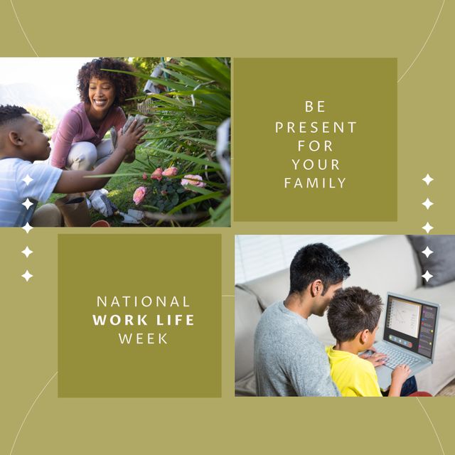 Perfect for promoting work-life balance and family-oriented campaigns during National Work Life Week. Highlights time spent with family and the role of technology in everyday life. This can be used in social media campaigns, blogs, and articles focusing on the importance of balancing professional commitments and family time.