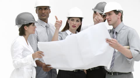 Group of Engineers Discuss Construction Blueprint