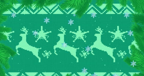 Green Knitted Reindeer Christmas Pattern with Snowflakes