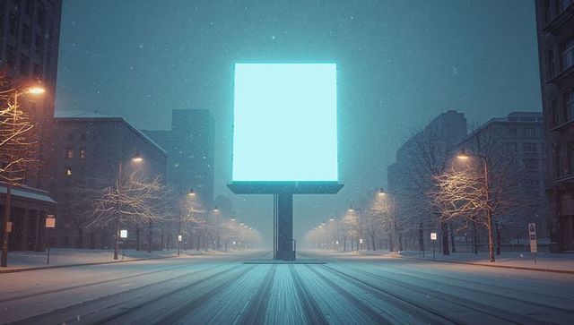 Glowing billboard in snowy city at night