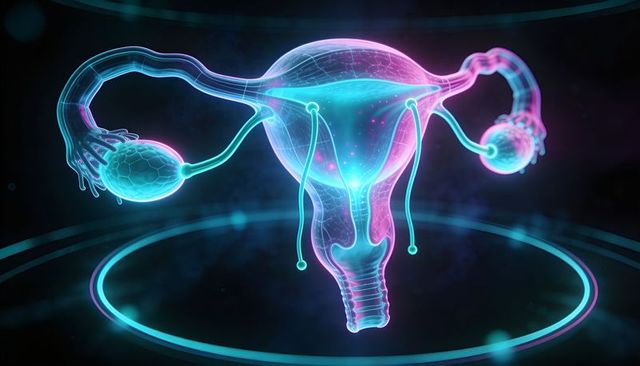 Holographic neon uterus rotating 3d anatomy visualization showing ovaries, fallopian tubes, cervix