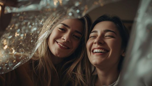 Two young women laughing together under sparkling cellophane bokeh glow warm cozy portrait