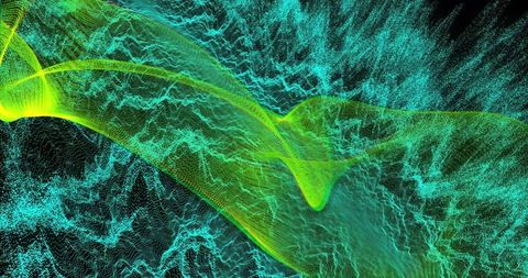 Neon waveform ribbon flowing through turbulent particle cloud in teal and lime