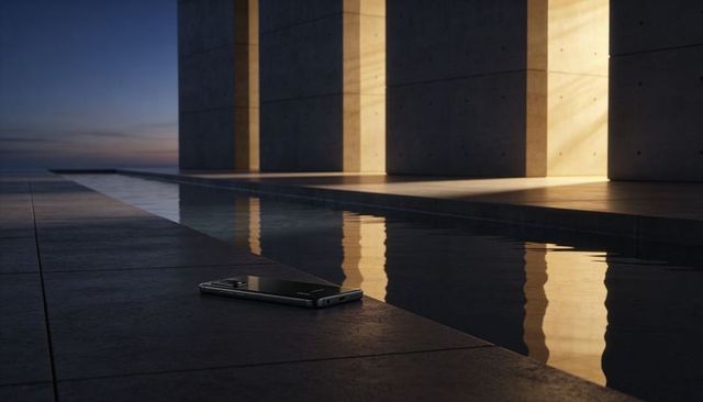 Minimalist Smartphone on Concrete Ledge by Reflecting Pool at Dusk, Architectural Terrace, Gold Ligh