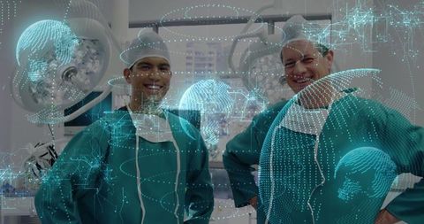 Surgeons with Futuristic Holographic Display in Operating Room