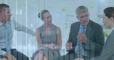 Mature executive leading strategic boardroom discussion with analytics overlay