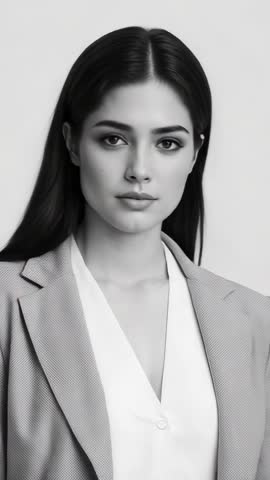 Vertical fashion video featuring model turning head in blazer and blouse minimalist studio portrait