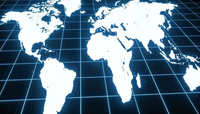 Holographic World Map Floating Above Neon Blue Grid Digital Global Network Concept